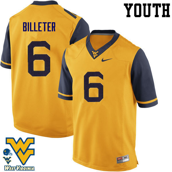 Youth #6 Will Billeter West Virginia Mountaineers College Football Jerseys-Gold - Click Image to Close